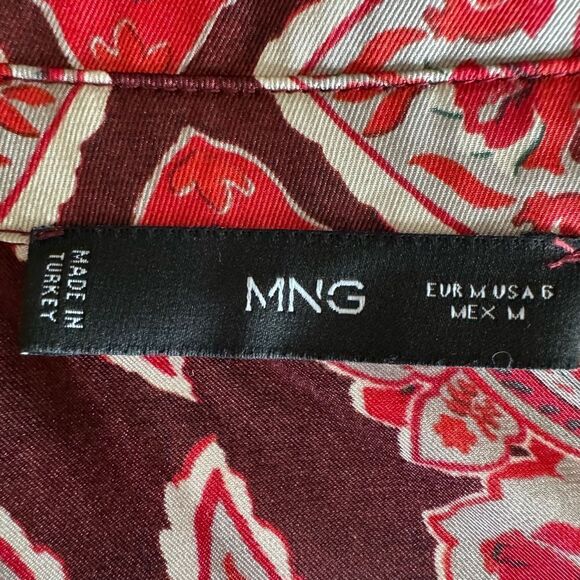 Mango Satin Paisley Print Shirt Dress Wrap Midi Size 6 Burgundy Red Coastal Boho - Picture 9 of 10